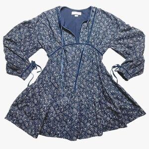 Petal & Pup Dress Womens XS Navy Floral Empire  Balloon Sleeve Lined Tie Collar